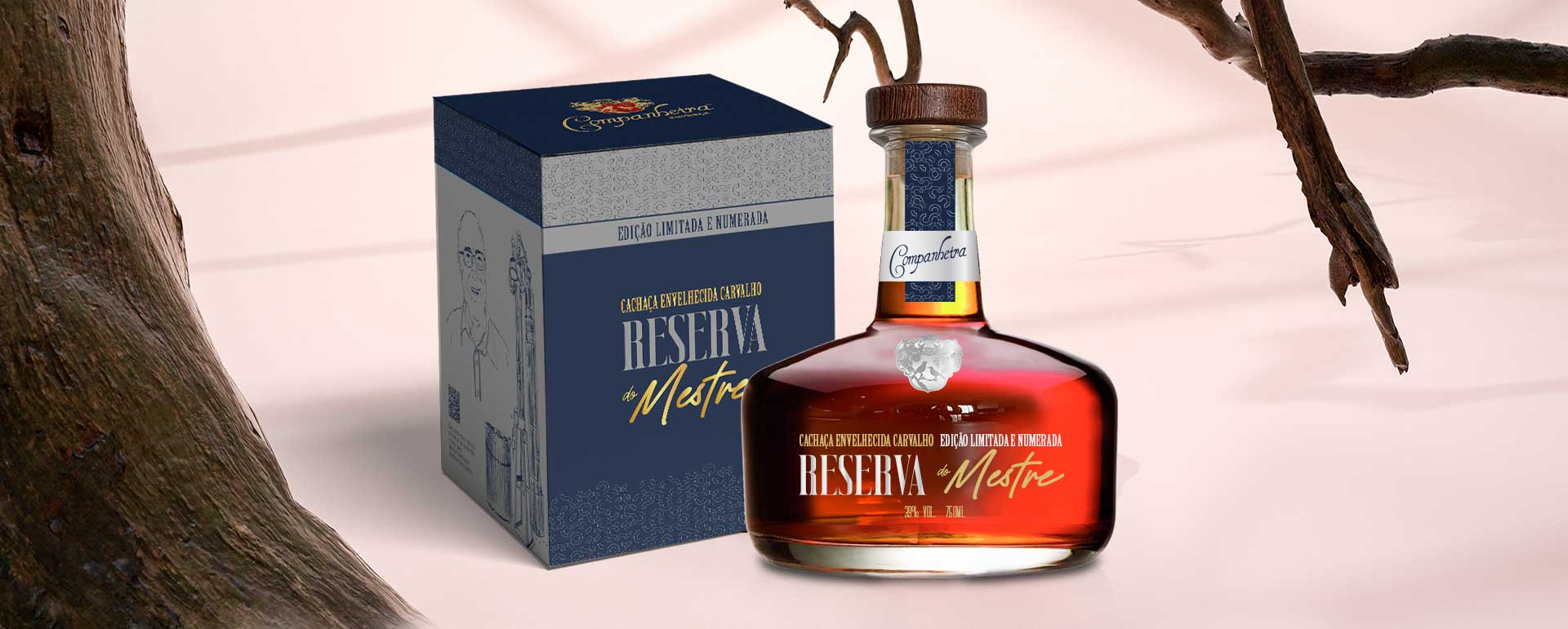 Banner da Cachaça Companheira Reserva do Mestre em caixa exclusiva extra premium.